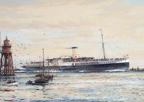 Jack Spurling The paddle steamer Crested Eagle running down the Thames Estuary, her deck crowded with passengers